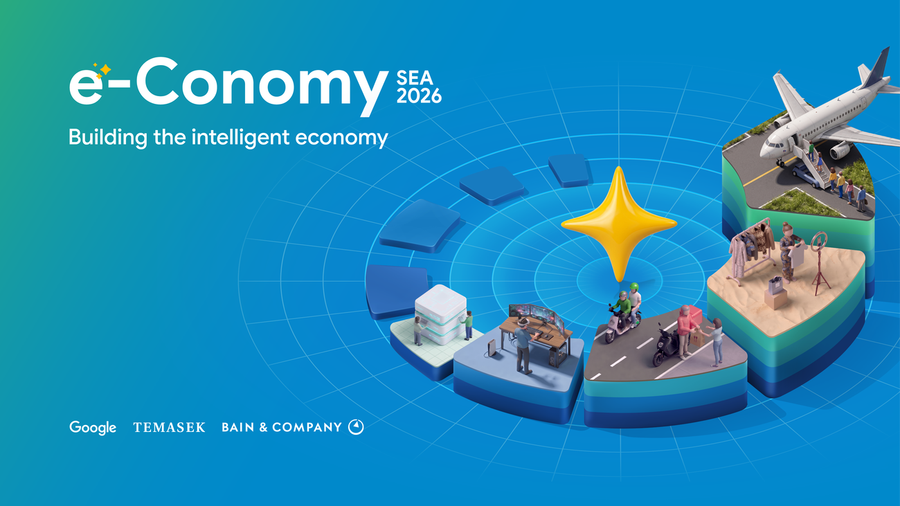 Cover image for the e-Conomy SEA 2026 report titled Building the intelligent economy by Google, Temasek, and Bain and Company